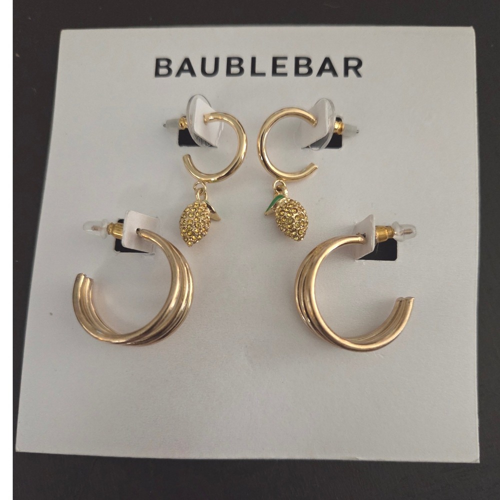 BaubleBar Gold Tone Earring Set Pave Lemon Charms‎ Triple Hoops Nordstrom 61421